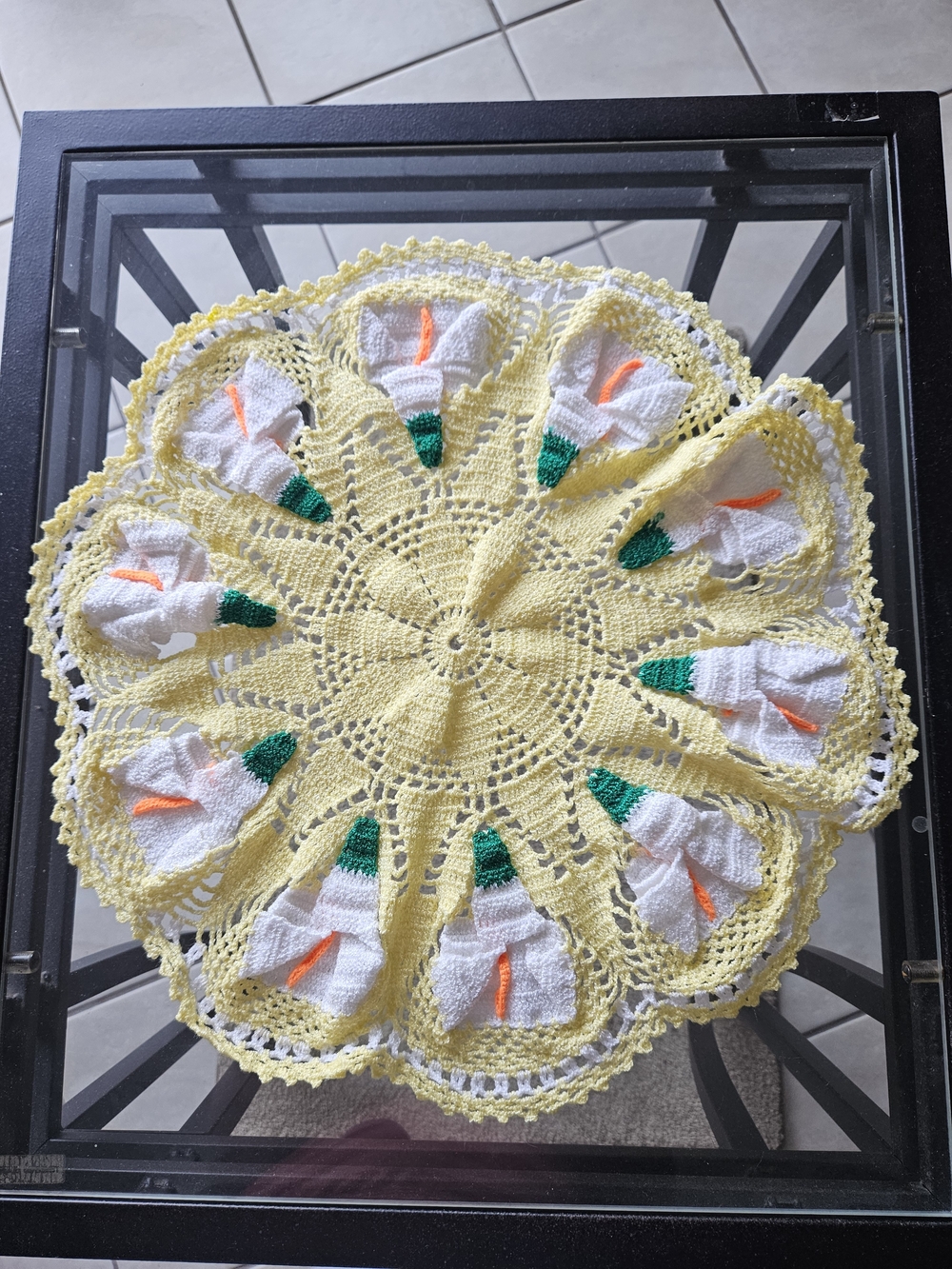 Yellow Crochet Floral Doily with White & Green Accents